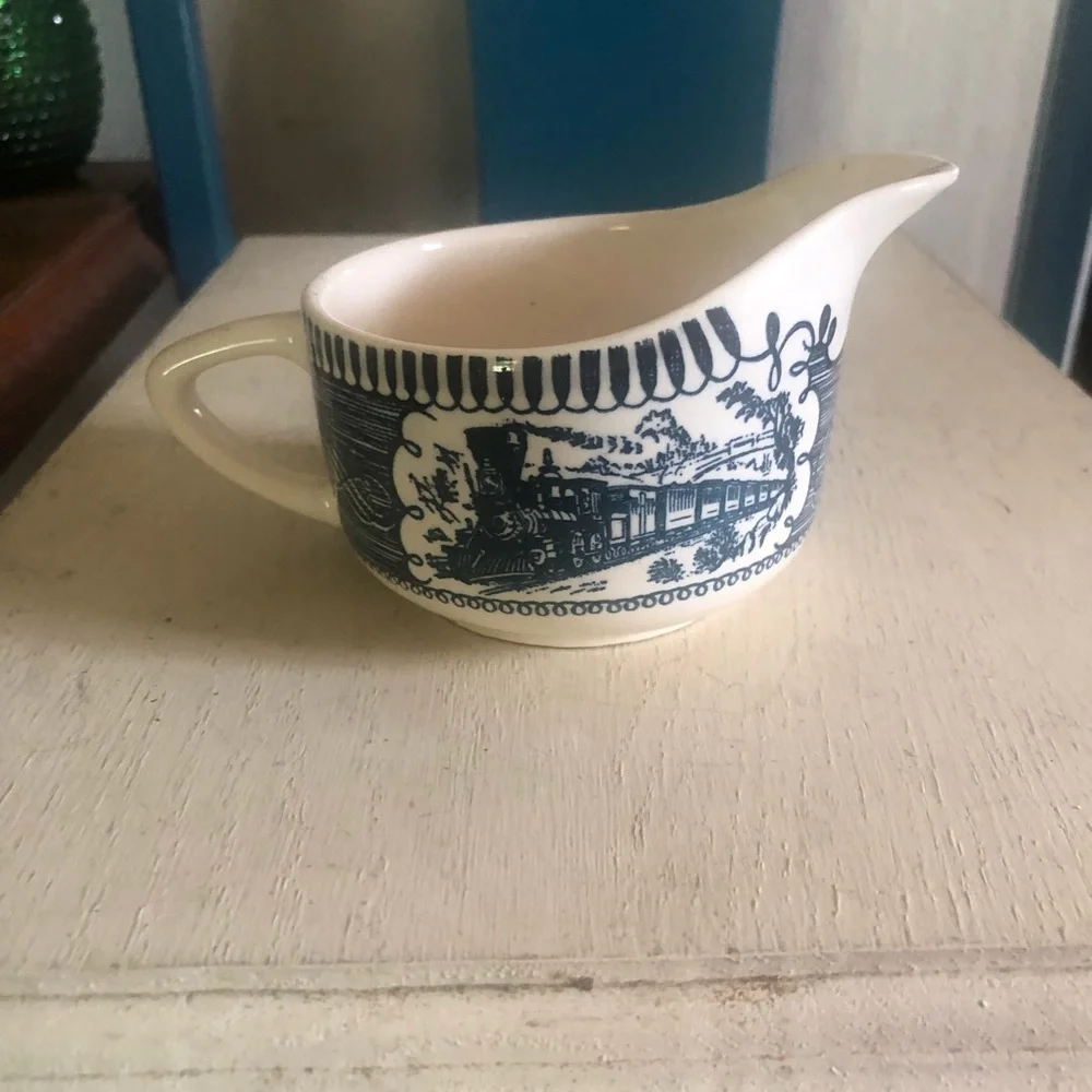 Vintage Blue & White Creamer Pitcher TRAIN Transferware Currier & Ives
